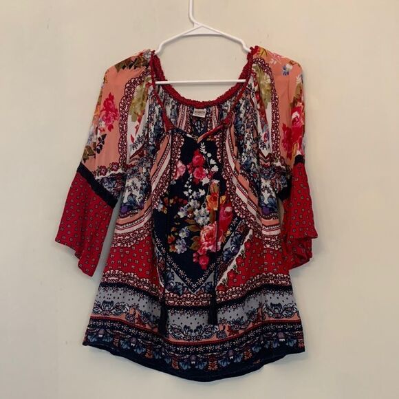 Bila multicolored floral peasant blouse with bell sleeves Size S Length 26” - Picture 1 of 6